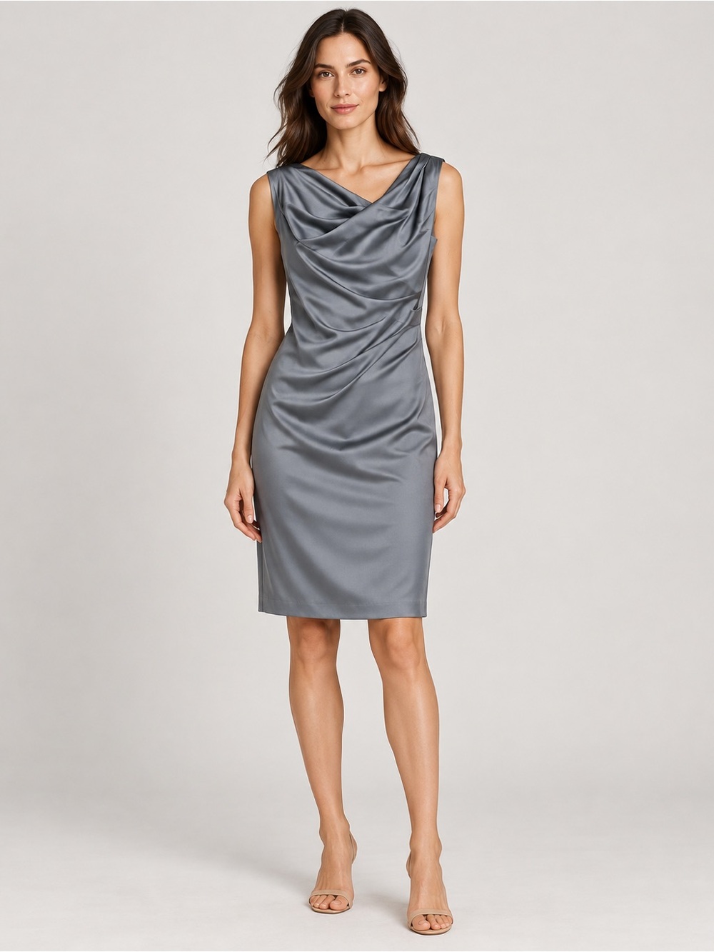 Ronen Chen Gray 100% Silk Draped Cowl Neck Sheath Dress Size 6 Cocktail Dress